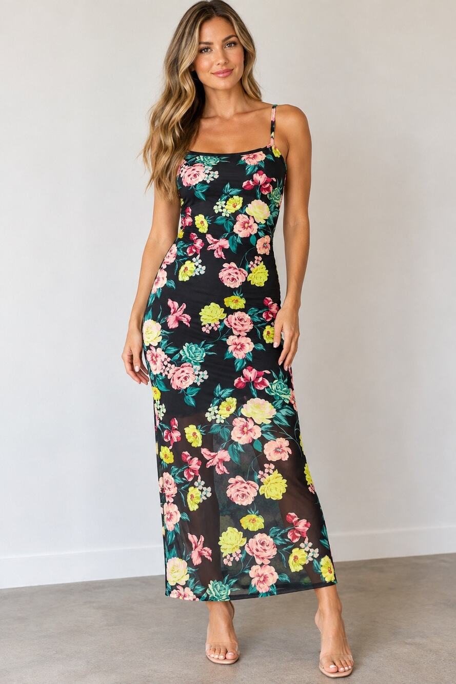 Steve Madden Floral Mesh Maxi Dress Size Small NWT Black Pink Green $79